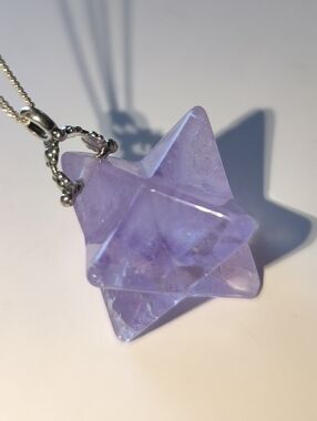 Merkaba Large Natural Carved Lilac Amethyst Sterling Silver Pendant Necklace
